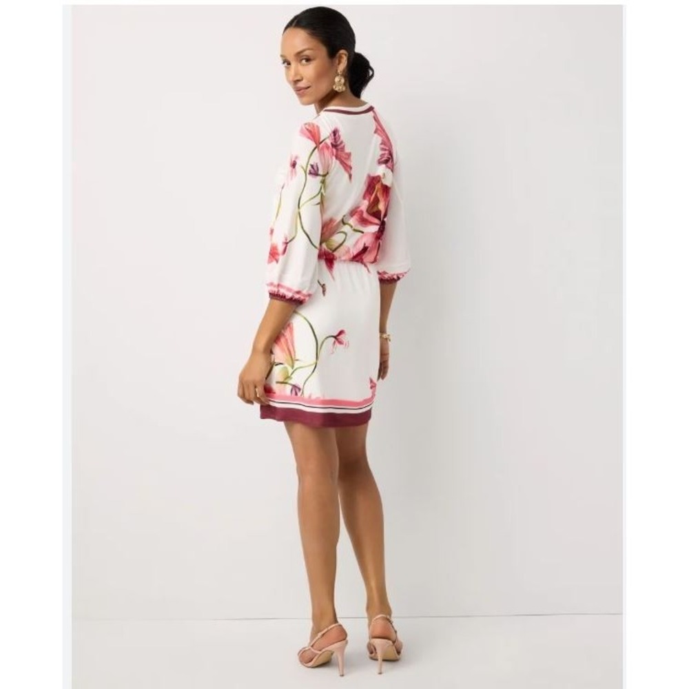 White House Black Market WHBM Floral V-Neck Tie Waist Mini Dress Red White S - Picture 4 of 13